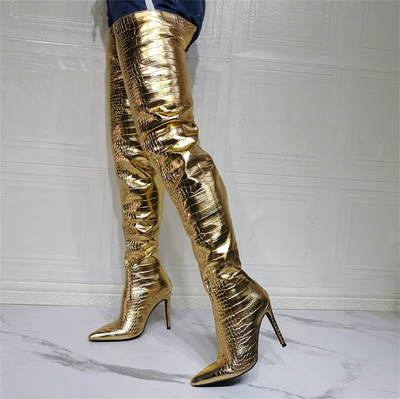 Punk Stiletto Over Knee Boots, Gold Python Snake Print Leather High Heels Thigh Style