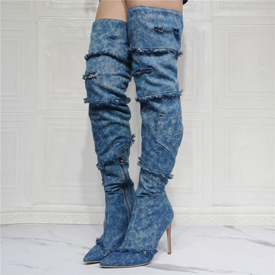 Sexy Vintage Denim Stiletto Over The Knee BootLarge Big Size Blue Pocket Cowboy Designer Thigh High Long Boots