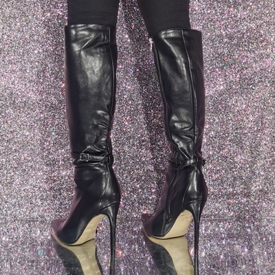 Black High Heel Knee High Boots Pointed Toe Buckle Detail Knee Length Boots