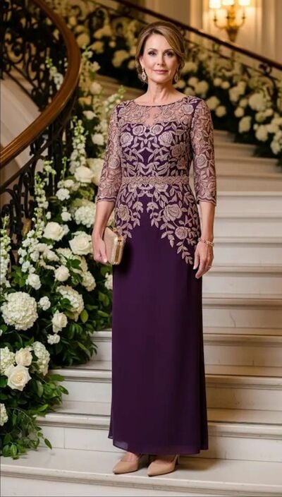 Purple Sheath Lace Appliques Mother of Bride/Groom Dress Evening Formal Gowns