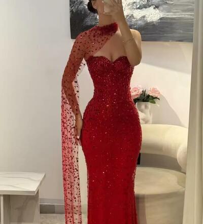 Customized Red Mermaid Glitter Sleeveless Prom Dresses Exquisite With Shawl Vestidos De Noche Floor-Length Formal Evening