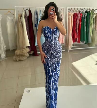 Dubai Navy Blue Beading Column Prom Dresses Strapless Customized Floor-Length Evening Dress Formal Gown Birthday Party Dress