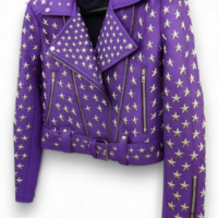 Crafted Leather Women Studded Purple Leather Jacket Silver Star Punk Brando Style - Thumbnail 1