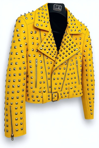 Crafted Leather Women Yellow Leather Punk Rock Jacket Silver Pyramid Studs Moto Fit