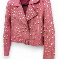 Crafted Leather Women Studded Pink Leather Jacket Silver Star Punk Brando Style - Thumbnail 1