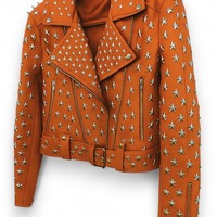 Crafted Leather Women Studded Orange Leather Jacket Silver Star Punk Brando Style - Thumbnail 1