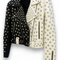 Crafted Leather Women Studded White Black Leather Jacket Silver Star Punk Brando Style - Thumbnail 1