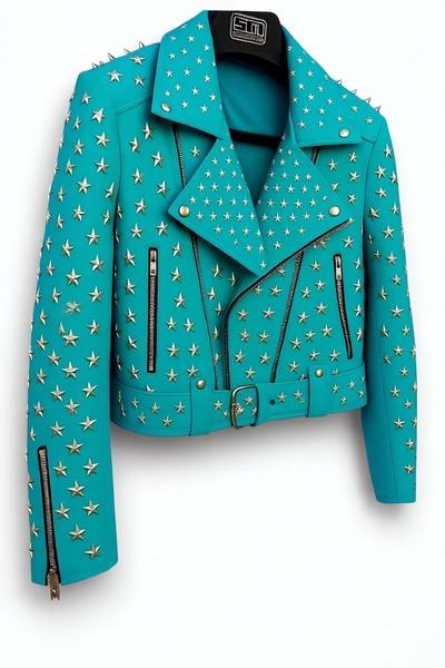 Crafted Leather Women Studded Cyan Color Leather Jacket Silver Star Punk Brando Style