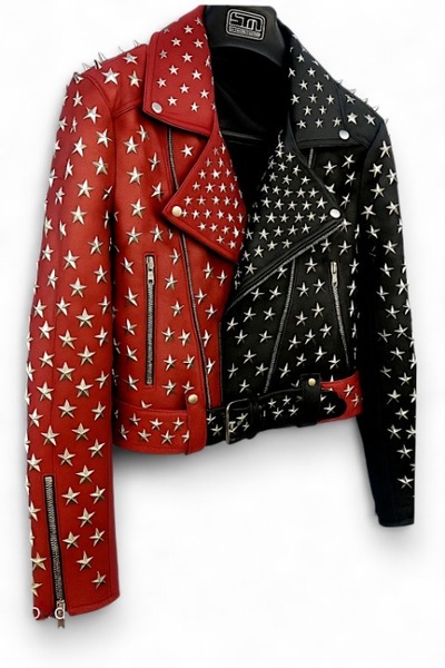 Crafted Leather Women Studded Red/Black Leather Jacket Silver Star Punk Brando Style