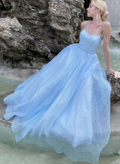 Sky Blue Sparkly Prom Dresses Spaghetti Straps