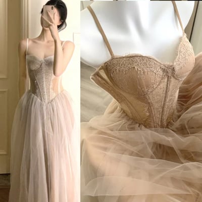 Champagne prom dresses lace vintage straps - Thumbnail 1