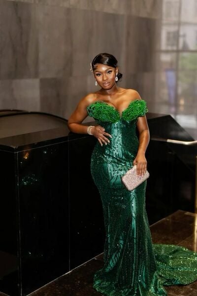 Luxury Mermaid Sequins Beading Crystals African Girls Prom Dress Evening Formal Gown Birthday Party Dress