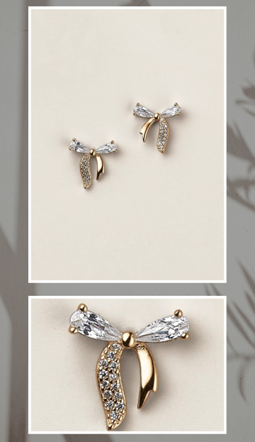 Sterling Silver Golden Bow CZ Earrings