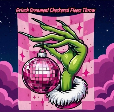Grinch Disco Ball Fleece Blanket - Pink Retro Christmas Throw - Party Grinch Hand - Checkered Aesthetic Blanket | Free Ship