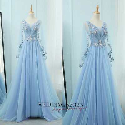 Elegant Pool Blue Evening Dresses A-Line / Princess V-Neck Long Sleeve Appliques Lace Sequins Beading Sweep Train Ruffle Backless Formal Dresses