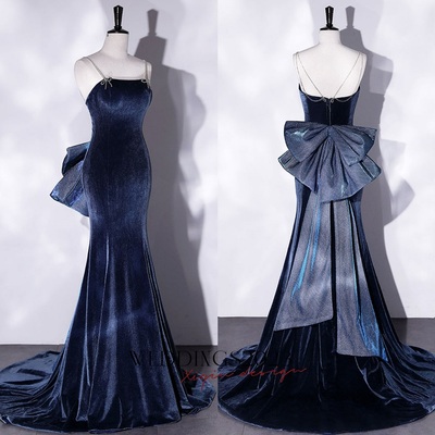 Navy Blue Velvet Long Evening Dress,Mermaid Velvet Blue Long Prom Dresses