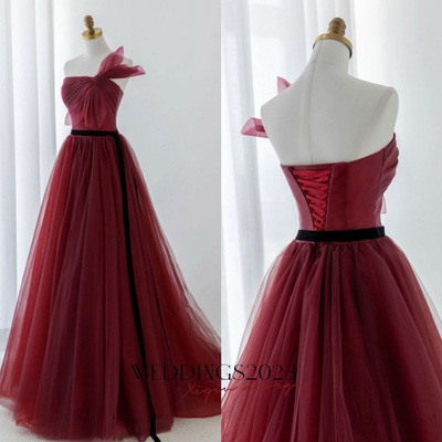 Burgundy Sash Prom Dresses A-Line / Princess Strapless Sleeveless Backless Sweep Train Formal Dresses