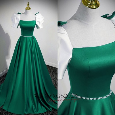 Emerald Green Square Neck A-line Maxi Prom Dress,Green A-Line Formal Dresses