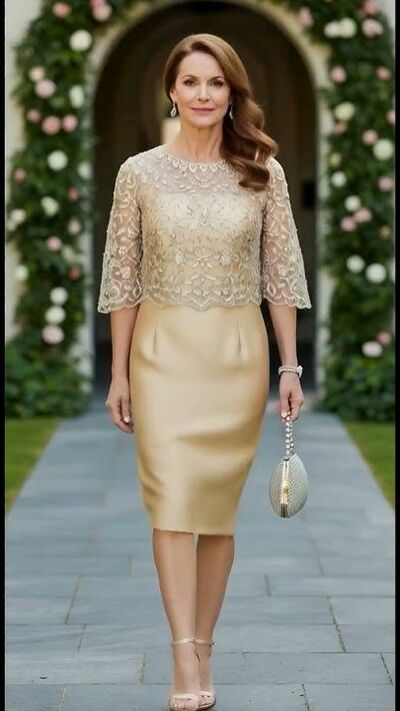 Champagne Sheath Lace Jacket Tea-length Mother of Bride/Groom Dress Evening Formal Gowns