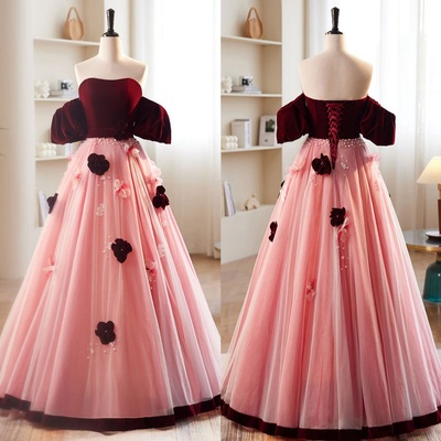 Burgundy and Pink Off-the-Shoulder Beaded Appliques Maxi Formal Dress,A-Line Burgundy/Pink Tulle Velvet Long Prom Dress, Burgundy Formal Dress