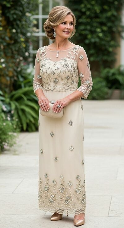 Champagne Sheath Lace Beaded Crsytals Appliques Mother of Bride/Groom Dress Evening Formal Gowns