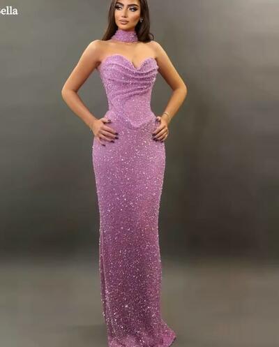 Customize Pink Sequin Strapless Backless robes de soirée Sleeveless A-line Prom Dresses Floor-Length Birthday Party Dress