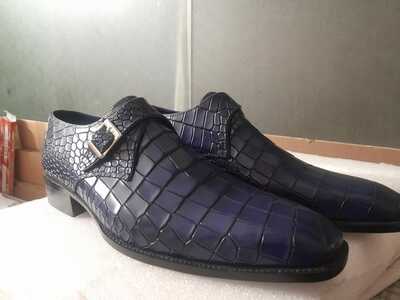 Hot Sale Christmas Alligator Skin Navy Blue Monk Strap Handmade Shoes
