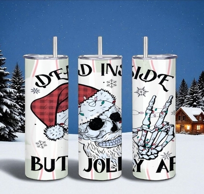 "Dead Inside But Jolly AF" Christmas Tumbler | 20oz Skinny Skeleton Santa