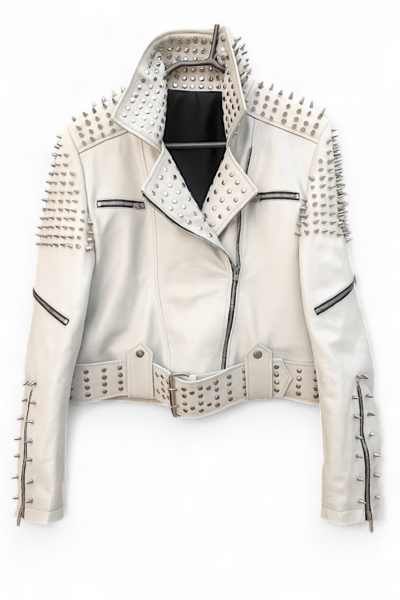 Crafted Leather Classy White Gothic Emo Style Leather Studded Jacket with Silver Studs and Spikes