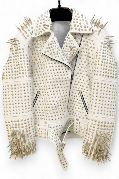 Crafted Leather White Punk Silver Spiked Studded Leather Brando Style Jacket