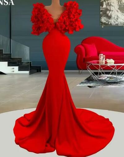 Luxury Mermaid Red Butterflymeshfabric Eveing Dress Floor-Length V Neck Wedding Dresses 3D Floral