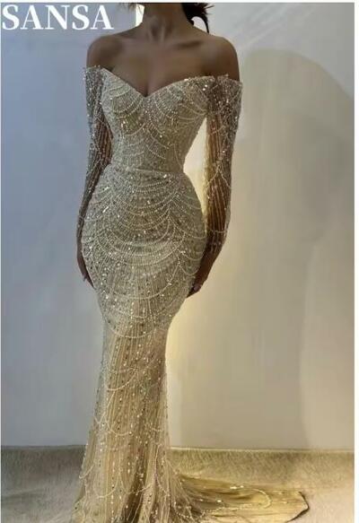 Elegant A-Line Beading Satin Evening Dress Customized Floor-Length Off Shoulder Wedding Dresses V Neck Vestidos De Fiesta