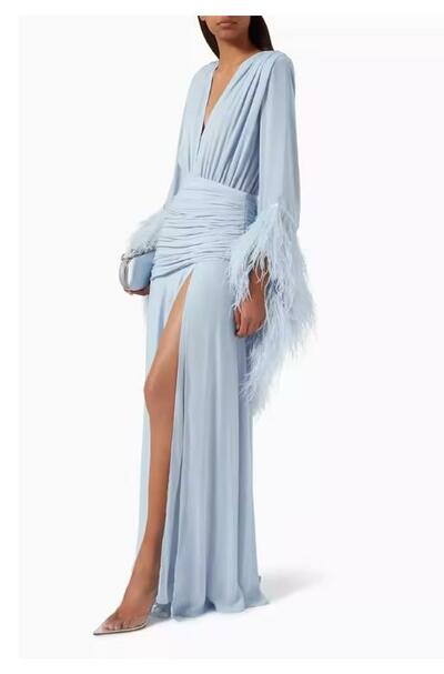 Customized V-neck Side High Slit A-line Prom Dresses Long Sleeve Elegant Evening Dresses Cascading Ruffle Party Dresses