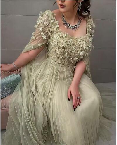 Green 3D Flowers Beading Prom Dresses Square Collar Sweep Train Customized Birthday Part Dress