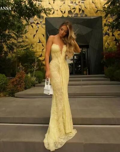 Customized Yellow Flowers Embroidery Party Dress V Neck Mermaid Prom Dress Strapless Floor-Length Evening Dresses