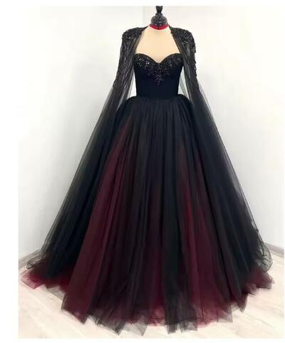 Gothic Black WIth Red Wedding Dress Sequins Cape Sleeve Ball Gown Vestidos De Novia Customized A-line Prom Dresses