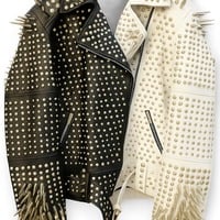 Crafted Leather Black White Punk Silver Spiked Studded Leather Brando Style Jacket - Thumbnail 2