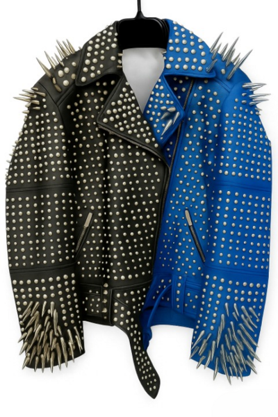 Crafted Leather Black Blue Punk Silver Spiked Studded Leather Brando Style Jacket