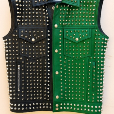Crafted leather men black/green studded jacket punk style stylish leather vest  - Thumbnail 1