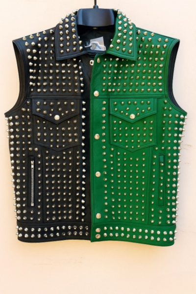 Crafted Leather Men Black/Green Studded Jacket Punk Style Stylish Leather Vest