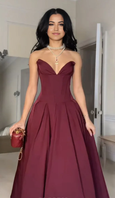 A Line Sweetheart V-Neck Burgundy Formal Prom Dress