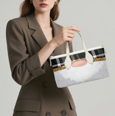 Rustic Plaid Gnome Leather Crossover Bag - Chic Black & White Buffalo Check, Gold Glitter Accent Holiday Handle Tote