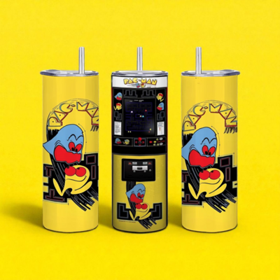 Pac Man Arcade Machine Tumbler - Retro Yellow Ghost and Pac Man 20 oz Skinny Sublimation