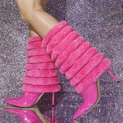 Pink High Heel Boots Unisex Faux Fur Pointed Toe Stiletto Heel Mid Calf Boots