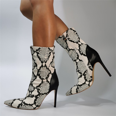 White Snake Ankle Boots For Women Stilettos High Heels Pointed Toe Short Booties Ladies