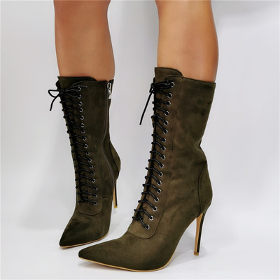 Army Green Ankle Boots For Women High Heel Pointy Toes Lace Up