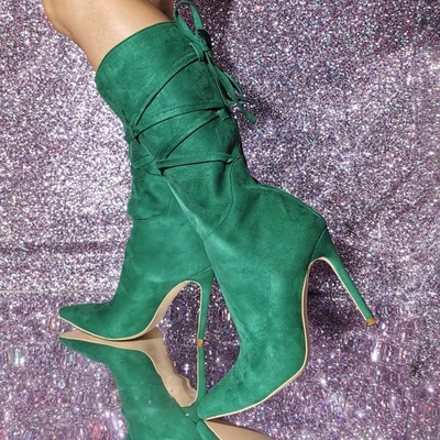 Calf Boots Suede Back Zip Pointed Toe Thin High Heels Tall Boots Shoes Women