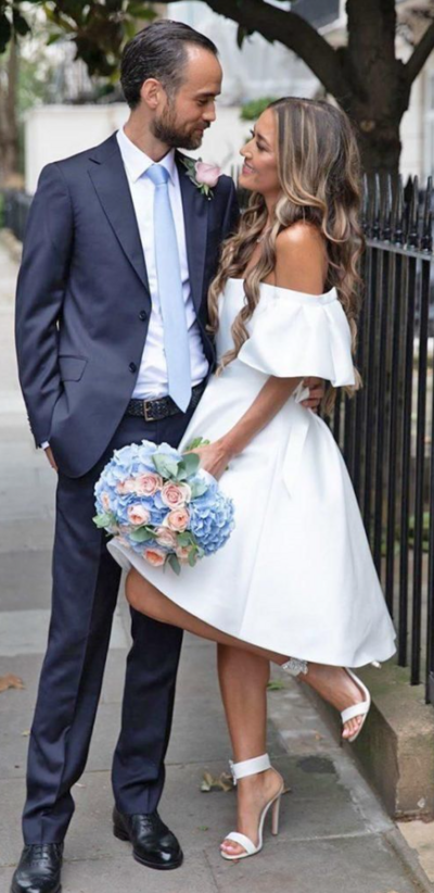 Simple Off the Shoulder Short Sleeve Tea-length Boho Wedding Dresses