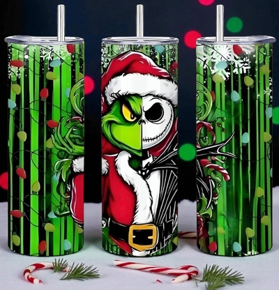 Grinch & Jack Skellington Mashup Tumbler - Santa Suit Christmas Lights 20 oz Skinny Sublimation