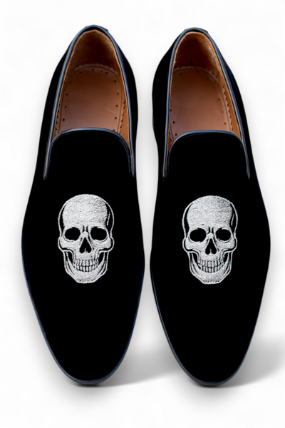 Crafted Leather Classic Black Velvet Embroidered Loafers Wedding Dress Shoes